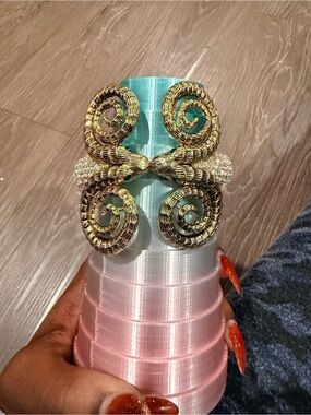 Gold Tone Ram Head Cuff Bracelet | Crystal Clamper | Statement Designer Style